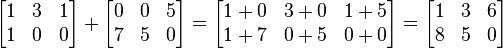 

\begin{bmatrix}
1 & 3 & 1 \\
1 & 0 & 0
\end{bmatrix}
+
\begin{bmatrix}
0 & 0 & 5  \\
7 & 5 & 0
\end{bmatrix}
=
\begin{bmatrix}
1+0 & 3+0 & 1+5 \\
1+7 & 0+5 & 0+0
\end{bmatrix}
=
\begin{bmatrix}
1 & 3 & 6 \\
8 & 5 & 0
\end{bmatrix}

