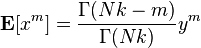 \mathbf{E} [x^m] = \frac {\Gamma (Nk - m)} {\Gamma(Nk)} y^m