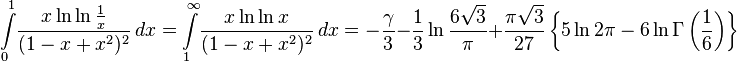  
 \int\limits_0^1 \!\frac{x\ln\ln\frac{1}{x}}{(1-x+x^2)^2}\,dx 
=\int\limits_1^\infty \!\frac{x\ln\ln x}{(1-x+x^2)^2}\,dx 
=-\frac{\gamma}{3}-\frac{1}{3}\ln\frac{6\sqrt3}{\pi} + \frac{\pi\sqrt3}{27}
\left\{5\ln2\pi-6\ln\Gamma\left(\frac{1}{6}\right) \right\}
