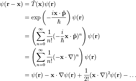 \begin{align}\psi(\mathbf{r}-\mathbf{x})
& =\hat T(\mathbf x)\psi(\mathbf{r})\\
& =\exp\left(-\frac{i\mathbf x\cdot\mathbf{\hat p}}{\hbar}\right)\psi(\mathbf{r})\\
& =\left(\sum_{n=0}^{\infty} \frac{1}{n!}(-\frac{i}{\hbar}\mathbf{x}\cdot\mathbf{\hat{p}})^n\right)\psi(\mathbf{r})\\
& =\left(\sum_{n=0}^{\infty} \frac{1}{n!}(-\mathbf{x}\cdot\mathbf{\nabla})^n\right)\psi(\mathbf{r})\\
& =\psi(\mathbf{r})-\mathbf{x}\cdot\mathbf{\nabla}\psi(\mathbf{r})+\frac{1}{2!}(\mathbf{x}\cdot\mathbf{\nabla})^2\psi(\mathbf{r})-\dots\end{align}