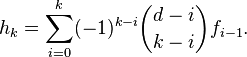  h_k = \sum_{i=0}^k (-1)^{k-i}\binom{d-i}{k-i}f_{i-1}. 