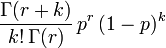  \frac{\Gamma(r+k)}{k!\,\Gamma(r)}\,p^r\,(1-p)^k \,