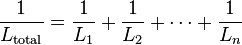 \frac{1}{L_\mathrm{total}} = \frac{1}{L_1} + \frac{1}{L_2} + \cdots + \frac{1}{L_n}