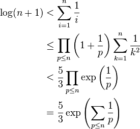 \begin{align}
    \log(n+1) & < \sum_{i=1}^n\frac{1}{i} \\
     & \le \prod_{p \le n}{\left(1 + \frac{1}{p}\right)}\sum_{k=1}^n{\frac{1}{k^2}} \\
     & < \frac53\prod_{p \le n}{\exp\left(\frac{1}{p}\right)} \\
     & = \frac53\exp\left(\sum_{p \le n}{\frac{1}{p}}\right)
\end{align}