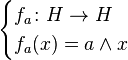 {\begin{cases}f_{a}\colon H\to H\\f_{a}(x)=a\wedge x\end{cases}}