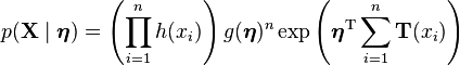 p(\mathbf{X}\mid\boldsymbol\eta) =\left(\prod_{i=1}^n h(x_i) \right) g(\boldsymbol\eta)^n \exp\left(\boldsymbol\eta^{\rm T}\sum_{i=1}^n \mathbf{T}(x_i) \right)