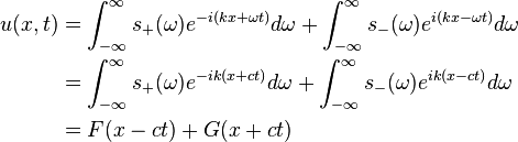 \begin{align}
u(x,t) &= \int_{-\infty}^\infty s_+(\omega)  e^{-i(kx+\omega t)} d\omega  + \int_{-\infty}^\infty s_-(\omega)  e^{i(kx-\omega t)} d\omega \\
&= \int_{-\infty}^\infty s_+(\omega)  e^{-ik(x+ct)} d\omega  + \int_{-\infty}^\infty s_-(\omega)  e^{ik (x-ct)} d\omega \\
&= F(x-ct) + G(x+ct)
\end{align}