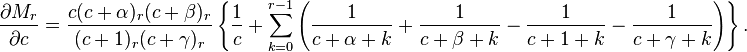 \frac{\partial M_r}{\partial c} = \frac{c(c + \alpha)_r (c + \beta )_r}{(c + 1)_r (c + \gamma)_r} \left\{\frac{1}{c} + \sum_{k = 0}^{r - 1} \left(\frac{1}{c + \alpha + k} + \frac{1}{c + \beta + k} - \frac{1}{c  + 1 + k} -\frac{1}{c + \gamma + k} \right) \right\}. 