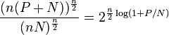 
\frac{(n(P+N))^\frac{n}{2}}{(nN)^\frac{n}{2}} = 2^{\frac{n}{2}\log(1+P/N)}
\,\!