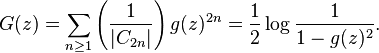  G(z) = \sum_{n\ge 1} \left(\frac{1}{|C_{2n}|}\right) g(z)^{2n} = 
\frac{1}{2} \log \frac{1}{1-g(z)^2}.