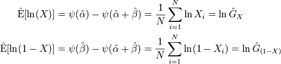 \begin{align}
\hat{\operatorname{E}}[\ln (X)] &= \psi(\hat{\alpha}) - \psi(\hat{\alpha} + \hat{\beta})=\frac{1}{N}\sum_{i=1}^N \ln X_i =  \ln \hat{G}_X \\
\hat{\operatorname{E}}[\ln(1-X)] &= \psi(\hat{\beta}) - \psi(\hat{\alpha} + \hat{\beta})=\frac{1}{N}\sum_{i=1}^N \ln (1-X_i)= \ln \hat{G}_{(1-X)} 
\end{align}