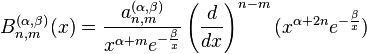 B_{n,m}^{(\alpha,\beta)}(x)=\frac{a_{n,m}^{(\alpha,\beta)}}{x^{\alpha+m} e^{-\frac{\beta}{x}}} \left(\frac{d}{dx}\right)^{n-m} (x^{\alpha+2n} e^{-\frac{\beta}{x}})