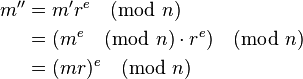 
\begin{align}
m'' & = m' r^e\pmod n \\
    & = (m^e\pmod n \cdot r^e)\pmod n \\
    & = (mr)^e \pmod n \\
\end{align}
