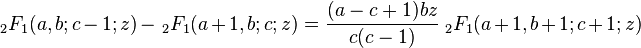  \; {}_2F_1(a,b;c-1;z)- \, {}_2F_1(a+1,b;c;z) = \frac{(a-c+1)bz}{c(c-1)} \; {}_2F_1(a+1,b+1;c+1;z)