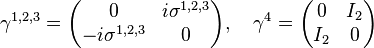 \gamma^{1,2,3} = \begin{pmatrix} 0 &  i\sigma^{1,2,3} \\ -i\sigma^{1,2,3} & 0 \end{pmatrix}, \quad
\gamma^4=\begin{pmatrix} 0 & I_2 \\ I_2 & 0 \end{pmatrix} 