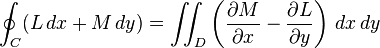 \oint_{C} (L\, dx + M\, dy) = \iint_{D} \left(\frac{\partial M}{\partial x} - \frac{\partial L}{\partial y}\right)\, dx\, dy