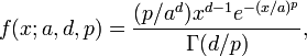 
f(x; a, d, p) = \frac{(p/a^d) x^{d-1} e^{-(x/a)^p}}{\Gamma(d/p)},
