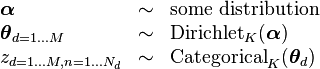 
\begin{array}{lcl}
\boldsymbol\alpha &\sim& \text{some distribution} \\
\boldsymbol\theta_{d=1 \dots M} &\sim& \operatorname{Dirichlet}_K(\boldsymbol\alpha) \\
z_{d=1 \dots M,n=1 \dots N_d} &\sim& \operatorname{Categorical}_K(\boldsymbol\theta_d)
\end{array}
