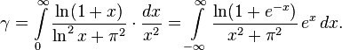 \gamma = \int\limits_0^{\infty}\frac{\ln(1+x)}{\ln^2 x + \pi^2}\cdot\frac{dx}{x^2}
 = \int\limits_{-\infty}^{\infty}\frac{\ln(1+e^{-x})}{x^2 + \pi^2}\,e^x\,dx.