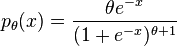  p_\theta(x) = \frac{ \theta e^{-x} }{(1 + e^{-x})^{\theta + 1} } 