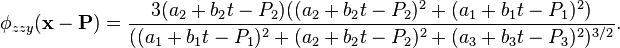 \phi_{zzy}(\mathbf{x} - \mathbf{P}) = \frac{3(a_2+b_2t - P_2)((a_2+b_2t-P_2)^2 + (a_1+b_1t-P_1)^2)}{((a_1+b_1t-P_1)^2 + (a_2+b_2t-P_2)^2 + (a_3+b_3t-P_3)^2)^{3/2}}.