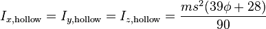 I_{x, \mathrm{hollow}}=I_{y, \mathrm{hollow}}=I_{z, \mathrm{hollow}} = \frac{m s^2(39\phi+28)}{90}