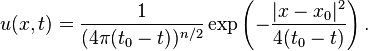 u(x,t) = \frac{1}{(4\pi (t_0-t))^{n/2}}\exp\left(-\frac{|x-x_0|^2}{4(t_0-t)}\right).