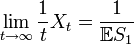  \lim_{t \to \infty} \frac{1}{t} X_t = \frac{1}{\mathbb{E}S_1} 