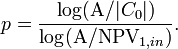 p = \frac{\log(\mathrm{A} / |C_0|)}{\log(\mathrm{A} / \mathrm{NPV}_{1,in})}.