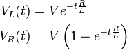 \begin{align}
  V_L(t) &= Ve^{-t\frac{R}{L}} \\
  V_R(t) &= V\left(1 - e^{-t\frac{R}{L}}\right)
\end{align}