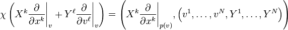  \chi\left(X^k\frac{\partial}{\partial x^k}\Bigg|_v + Y^\ell\frac{\partial}{\partial v^\ell}\Bigg|_v\right ) = \left (X^k\frac{\partial}{\partial x^k}\Bigg|_{p(v)}, \left (v^1,\ldots,v^N,Y^1,\ldots,Y^N \right) \right )