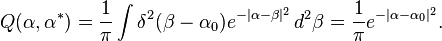 Q(\alpha,\alpha^*)=\frac{1}{\pi} \int \delta^2(\beta-\alpha_0) e^{-|\alpha-\beta|^2} \, d^2\beta=\frac{1}{\pi}e^{-|\alpha-\alpha_0|^2}.