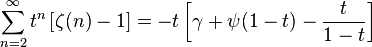 \sum_{n=2}^\infty t^n \left[\zeta(n)-1\right] = 
-t\left[\gamma +\psi(1-t) -\frac{t}{1-t}\right]
