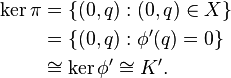  
\begin{align}
\ker \pi &= \{ (0,q): (0,q) \in X \} \\
& = \{ (0,q): \phi^\prime(q) =0 \} \\
& \cong \ker \phi^\prime \cong K^\prime.
\end{align} 