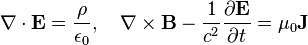 \nabla \cdot \mathbf{E} = \frac{\rho}{\epsilon_0},\quad \nabla \times \mathbf{B} - \frac{1}{c^2} \frac{ \partial \mathbf{E}}{\partial t} = \mu_0 \mathbf{J} 