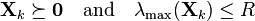 
\mathbf{X}_k \succeq \mathbf{0} \quad \text{and} \quad \lambda_{\text{max}}(\mathbf{X}_k) \leq R
