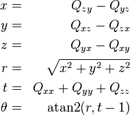 \begin{align}
 x &=& Q_{zy} - Q_{yz}\\
 y &=& Q_{xz} - Q_{zx}\\
 z &=& Q_{yx} - Q_{xy}\\
 r &=& \sqrt{x^2 + y^2 + z^2}\\
 t &=& Q_{xx} + Q_{yy} + Q_{zz}\\
 \theta &=& \mbox{atan2}(r,t-1)\end{align}