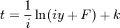 t = \frac{1}{i}\ln(iy + F) + k