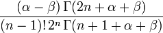 \frac{(\alpha-\beta)\,\Gamma(2n+\alpha+\beta)}{(n-1)!\,2^n\,\Gamma(n+1+\alpha+\beta)}\,