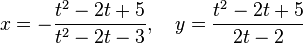 x = -\frac{t^2-2t+5}{t^2-2t-3},\quad y = \frac{t^2-2t+5}{2t-2}