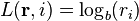 L(\mathbf{r},i) = \log_b(r_i) 