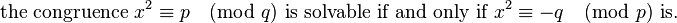 
\text{the congruence }x^2 \equiv p \pmod q \text{ is solvable if and only if }x^2 \equiv -q \pmod p
\text{ is.} 
