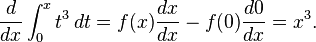 \frac{d}{dx} \int_0^x t^3\, dt = f(x) \frac{dx}{dx} - f(0) \frac{d0}{dx} = x^3.