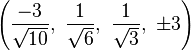 \left({\frac {-3}{\sqrt {10}}},\ {\frac {1}{\sqrt {6}}},\ {\frac {1}{\sqrt {3}}},\ \pm 3\right)