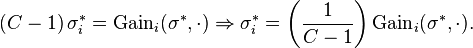 
\left(C-1\right)\sigma^*_i = \text{Gain}_i(\sigma^*,\cdot)
\Rightarrow
\sigma^*_i = \left(\frac{1}{C-1}\right)\text{Gain}_i(\sigma^*,\cdot).
