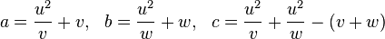 a = \frac{u^2}{v}+v, \ \ b=\frac{u^2}{w}+w, \ \ c=\frac{u^2}{v}+\frac{u^2}{w} - (v+w) 