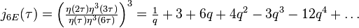 \begin{align}j_{6E}(\tau) &= \Big(\tfrac{\eta(2\tau)\eta^3(3\tau)}{\eta(\tau)\eta^3(6\tau)}\Big)^{3}=\tfrac{1}{q} +3 + 6q + 4q^2 - 3q^3 - 12q^4 +\dots\end{align}