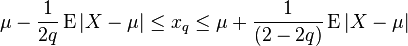  \mu - \frac{ 1 }{  2q  } \operatorname{ E }| X - \mu | \le x_q \le \mu + \frac{ 1 }{ ( 2 - 2q ) } \operatorname{ E }| X - \mu |