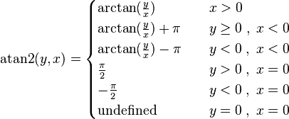 \operatorname{atan2}(y, x) = \begin{cases}
  \arctan(\frac y x) & \quad x > 0 \\
  \arctan(\frac y x) + \mathrm{\pi} & \quad y \ge 0 \; , \; x < 0 \\
  \arctan(\frac y x) - \mathrm{\pi} & \quad y < 0 \; , \; x < 0 \\
  \frac{\mathrm{\pi}}{2} & \quad y > 0 \; , \; x = 0 \\
  -\frac{\mathrm{\pi}}{2} & \quad y < 0 \; , \; x = 0 \\
  \text{undefined} & \quad y = 0 \; , \; x = 0
\end{cases}