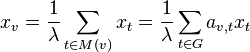 x_v = \frac{1}{\lambda} \sum_{t \in M(v)}x_t = \frac{1}{\lambda} \sum_{t \in G} a_{v,t}x_t